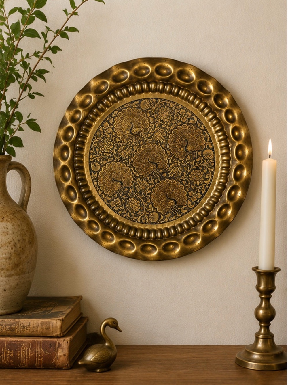 Vintage Brass Peacock Wall Plate Ornate Engraved Boho Wall Decor 10”